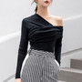 TWOTWINSTYLE Sexy Off Shoulder Asymmetric Women's T-shirts Tops Female Slim Long Sleeve Fashion Black Tshirt Autumn 2019