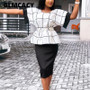 Women 2 Pieces Sets Summer O Neck Plaid Tops and Midi Skirt Sexy Office Lady Outfits Elegant Workwear