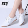 STQ 2019 Autumn women oxford shoes ballerina flats shoes women genuine leather shoes moccasins lace up loafers white shoes 051