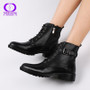 New Fashion European Style Black Ankle Boots Flats Round Toe Black Zip Boots PU Leather Woman Shoes With Warm Plush