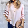 V Neck Flared Sleeves Mesh Patchwork Shirts Summer Plus Size Casual Loose Mesh Women Blouse Pink Street Womens Tops Blouses 5XL