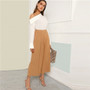 SHEIN Khaki Boho Pleated Panel Wide Leg Loose Plain Crop Pants Women 2019 Spring Mid Waist Workwear Elastic Waist Trousers