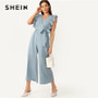 SHEIN Elegant Blue V Neck Pleated Ruffle Trim Wrap Wide Leg Belted Party Jumpsuit Women Summer 2019 Office Lady Solid Jumpsuits