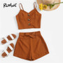 ROMWE Brown Soild Button Front Cami Top With Belted Shorts Women Summer Boho Sleeveless Camisole Wide Leg Bottoms Two-Pieces Set