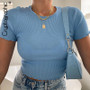 Cryptographic Butterfly Short Sleeve Solid See Through T-Shirts Women Summer Ruffles Top Tees Cropped Shirts Slim Ribbed Knitted