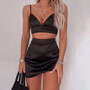 Cryptographic Satin Fashion Two Pieces Top and Skirt Matching Set Outfits Sexy Strapless Bralette Crop Tops High Waist Skirts