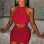 Cryptographic Glitter Two Piece Skirt Set Women Outfits Sexy Halter Crop Tops High Waist Mini Skirt Party Clubwear Mathing Sets