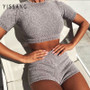 Yissang Summer Knitted Two Piece Set Women O Neck Short Sleeve Crop Top And Pants Set Sexy 2 Piece Set Lounge Wear Streetwear