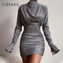 Yissang Sexy Glitter Patchwork Bandge Dress Women Long Sleeve Ruched Bodycon Party Club Dresses Autumn Femal Mini Dress Vestido