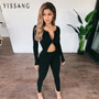 Yissang Double Zipper Sexy Knitted Two Piece Women Sets O Neck Long Sleeve Crop Top And Long Pant Suit Set Summer 2 Piece Set