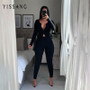 Yissang Double Zipper Sexy Knitted Two Piece Women Sets O Neck Long Sleeve Crop Top And Long Pant Suit Set Summer 2 Piece Set