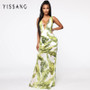 YISSANG Hollow Out Leaf Print Maxi Long Summer Dress Women V-Neck Backless Vintage Dress Elegant Club Party Dresses 2020