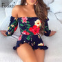 Feditch 2020 Summer Sexy Jumpsuit Strapless Long Sleeves With Ruffle Women Playsuit Romper Floral Print Casual Jumpsuit Overall