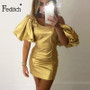 Feditch Ruffles Short Lantern Sleeves Gold Dress Elegant Bodycon Women Nightclub Party Dress Sexy Vintage Bodycon Dresses Robe