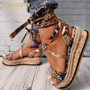 Sarairis Wedges heels Fashion 2020 Big Size 43 Wholesale Shoelaces Snake Printed Summer INS Hot Shoes Women Sandals