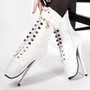 jialuowei Fetish Ballet Boots Women High Heel Spike Black PU Cross Tied Lace Up Mid-Calf Spring and Autumn Boots Plus Size 36-46