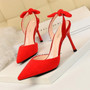 Korean fashion slim heel, super high heel, suede, shallow, pointed, hollowed-out, small bow-tied sandals