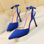 Korean fashion slim heel, super high heel, suede, shallow, pointed, hollowed-out, small bow-tied sandals