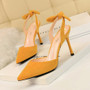 Korean fashion slim heel, super high heel, suede, shallow, pointed, hollowed-out, small bow-tied sandals