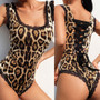 Women Sexy Lace Leopard Bodycon Bodysuit Sleeveless Ladies Strap Back Lace Up Bandage Body Suit Skinny Jumpsuit Female Rompers