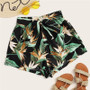 SHEIN Multicolor Tropical Print Belted Bohemian Shorts Women Summer Beach Vacation Casual Elastic Mid Waist Wide Leg Shorts