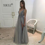 Beading Prom Dresses Long 2019 V Neck Light Gray High Split Tulle Sweep Train Sleeveless Evening Gown A-Line Backless Vestido De