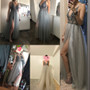 Beading Prom Dresses Long 2019 V Neck Light Gray High Split Tulle Sweep Train Sleeveless Evening Gown A-Line Backless Vestido De
