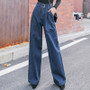 fashion women blue washed wide leg jeans woman high waist pockets denim trousers female casual loose long pants pantalones