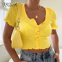 FSDA V Neck Ruffles Short Sleeve T Shirt Women Summer Casual Button Crop Top Basic Blue Pink T Shirt Tops