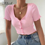 FSDA V Neck Ruffles Short Sleeve T Shirt Women Summer Casual Button Crop Top Basic Blue Pink T Shirt Tops