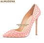 ALMUDENA 8 10 12cm Stiletto Heels Rivets Pointed Toe Shoes Red Pink Black Studded Wedding Shoes Full Spikes Dress Pumps Size45