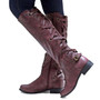 Women Leather Knee High Boots Fashion Cross Strap Winter Low Heels Long Boots Western Side Zipper Buckle Black Motorcycle Boots