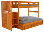 Discovery World Furniture Mission Twin Over Full Staircase Bunk Bed with 3 Drawers, Desk, Hutch, Chair and 5 Drawer Chest in Honey Finish