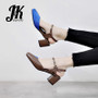 JK Ankle Strap Thick Med Heels Pumps Women Square Toe Buckle Pu Footwear Patch Shoes Casual Shoes Woman 2019 Spring New