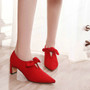 Women Flock Comfort Square Heel Pumps Sweet Bow Knot High Heel Dress Shoes 2019 Spring Autumn Pointed Toe Shoes Black Red