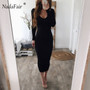 Nadafair knitted sweater bodycon long winter dresses women autumn v neck long sleeve sexy midi dresses elastic slim party dress