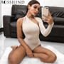 AOSSILIND Sexy One Shoulder Backless Skinny Bodysuits Women Autumn Long Sleeve Hollow Out Rompers Ladies Stretchy Bodysuit