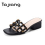 Ta Jiang Genuine Cow Leather Rivets Women Sandals Summer Shoes Woman Square High Heels Gladiator Sandals Ladies Beach Slippers