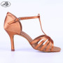 Women Latin Dance Shoes BD 217 Dark Tan Satin Napper Leather Sole Slim High Heel Ladies Ballroom Dance Sandal Dancesport Shoe