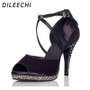 DILEECHI Rhinestones Black Satin Women ultra high heels 10cm Latin dance shoes Waterproof platform Increased Pumps Party shoes