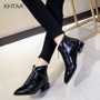 Women Low Heels Ankle Boots Spring Autumn Pumps Female Gladiator Ring Zipper Pointed Toe Patent Leather Shoes Ladies Footwear