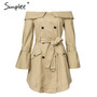 Simplee Sexy off shoulder trench dress women Elegant khaki outerwear dress Double breast sash casual autumn winter jacket female