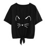 Cat Print Short Sleeve Tie Up T-Shirt