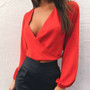 Sexy Women Blouse Solid Full Sleeve V-Neck Female Clothes Casual Fashion Short Backless Clothes