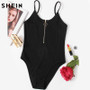 SHEIN O-Ring Zipper Front Ribbed Cami Bodysuit Summer Casual Black Scoop Neck Sleeveless Sexy Bodysuits for Women