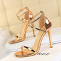 2018 Summer Fashion Women Sexy Fetish Thin Heels Sandals Female PU Open Toe Black Gold Cross Strap Sandals Party Wedding Shoes