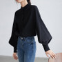 Big Lantern Sleeve Blouse Women Single Breasted Mandarin Stand Collar