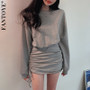 FANTOYE Ruched Drawstring Long Sleeve Cotton Short Dresses Women Bodycon Casual Gray Dress Solid Party Wear Female Vestido