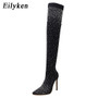 Eilyken 2021 Fashion Runway Crystal Stretch Fabric Sock Boots Pointy Toe Over-the-Knee Heel Thigh High Pointed Toe Woman Boot