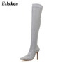 Eilyken 2021 Fashion Runway Crystal Stretch Fabric Sock Boots Pointy Toe Over-the-Knee Heel Thigh High Pointed Toe Woman Boot